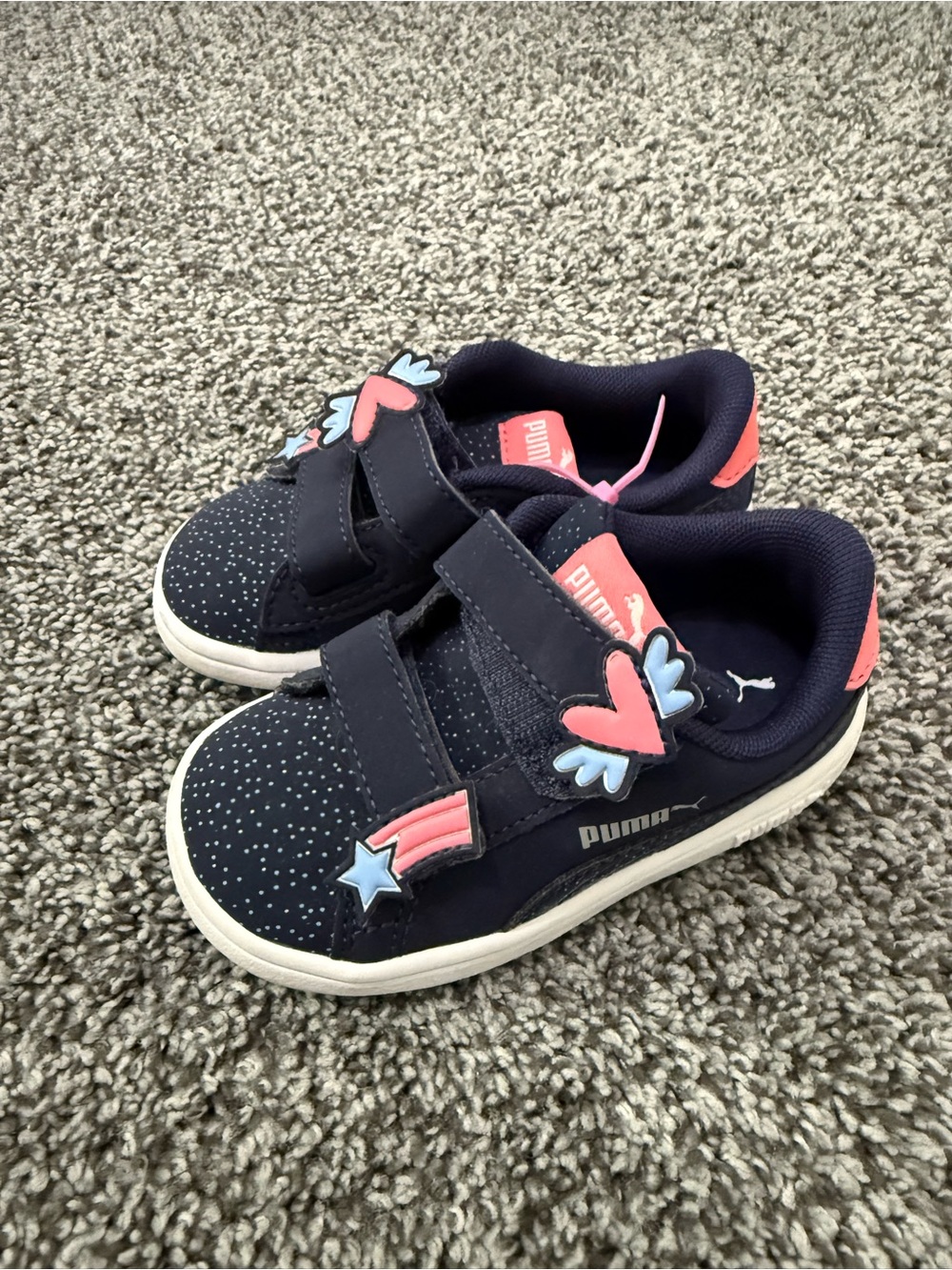 Puma Kids Navy Sneakers with Pink and Light Blue Hearts